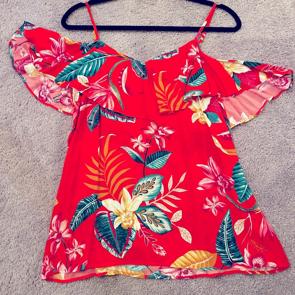 Spaghetti strap with off the shoulder blouse.